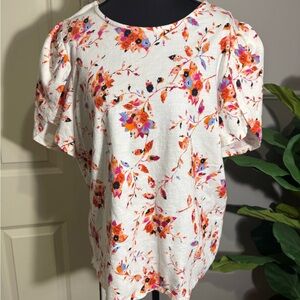 Charter Club White Floral Puff Sleeve Blouse with Orange & Pink Accents